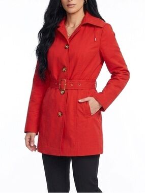 MICHAEL KORS | RED RAIN RESISTANT BELTED TRENCH COAT WITH REMOVABLE HOOD